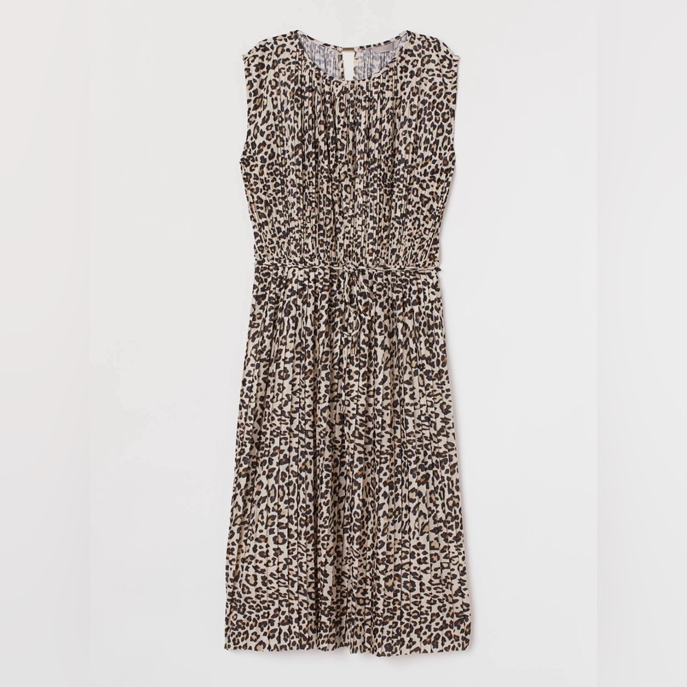 H&M sleeveless midi length animal print jersey pleated dress LARGE